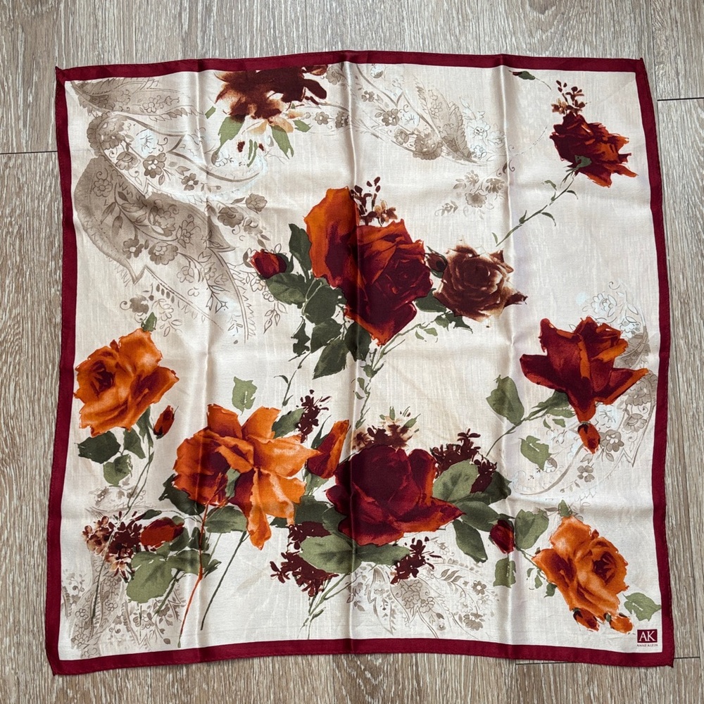Anne Klein pink & red rose floral silk square scarf